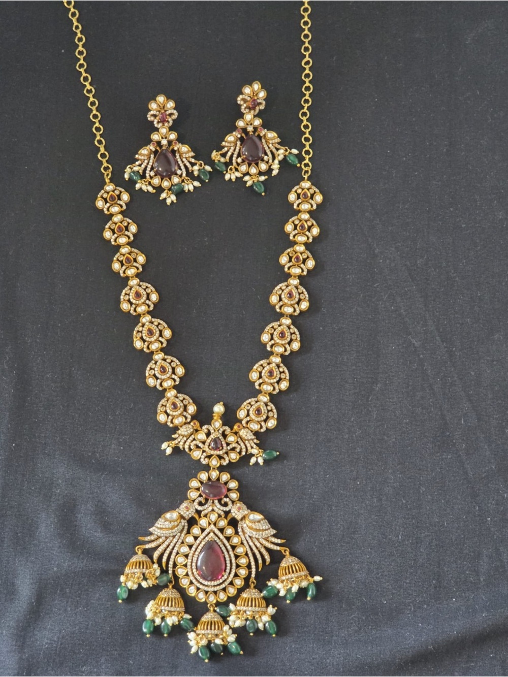 Gold-Tone Green & Maroon Kundan Necklace Set - Brand Unbranded